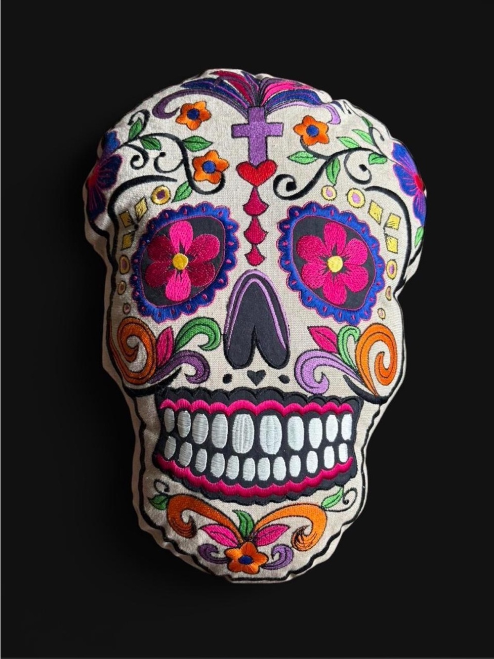 Embroidered Sugar Skull Day of the Dead Pillow